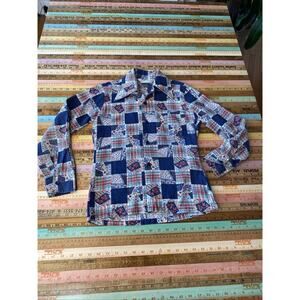 VINTAGE Kmart Kids Girls 12 Patchwork Floral Button Shirt Butterfly Collar Disco